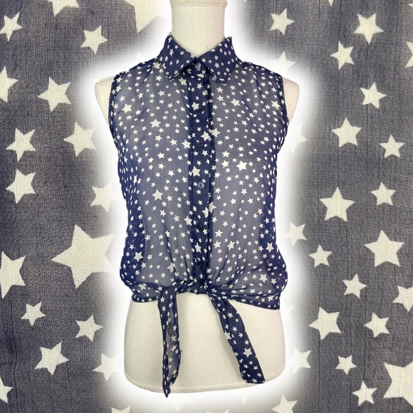 Star Print Lattice Sleeveless Blouse M Tie Waist Collared Caged Navy Blue Top - Picture 1 of 13